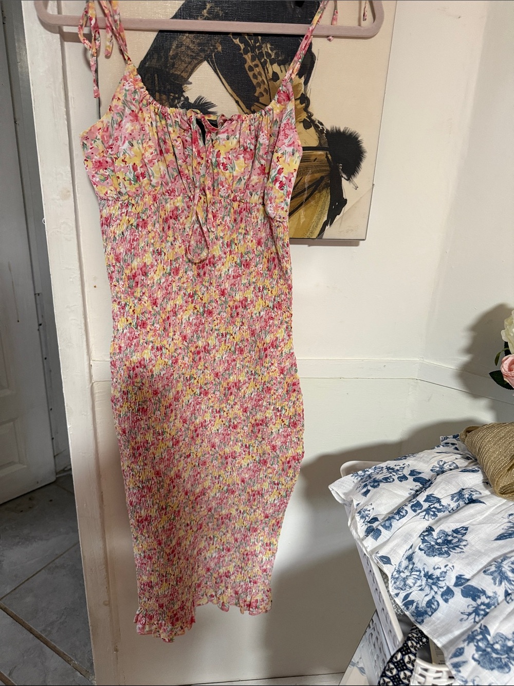 Smocked Midi Slip Dress - Pink Floral
